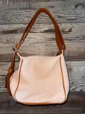 Valentina Large Dual Pocket Shoulder Bag Pink With Brown Straps